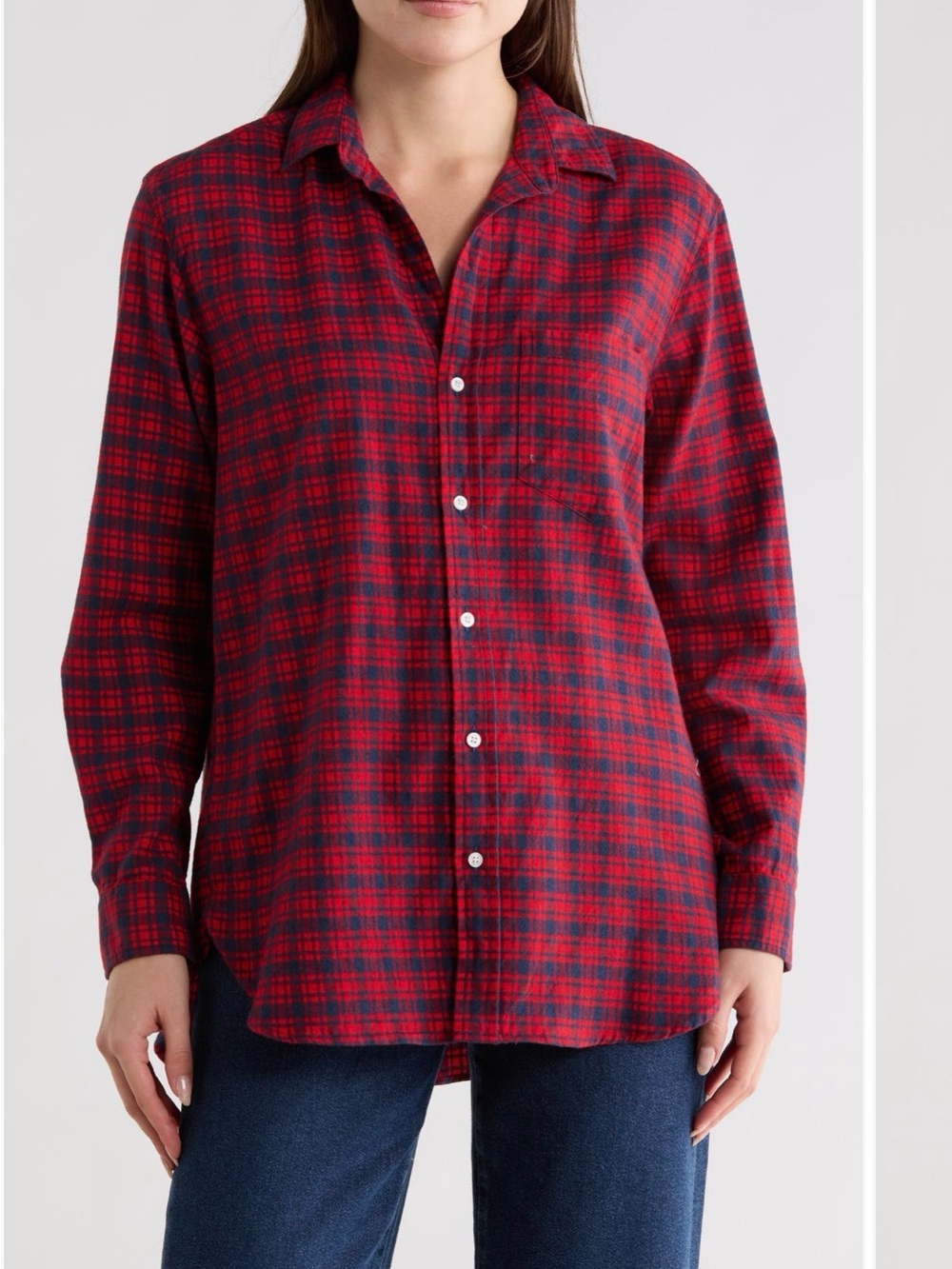 Frank & Eileen Boyfriend Button Up Shirt XS Red Navy Plaid Cotton